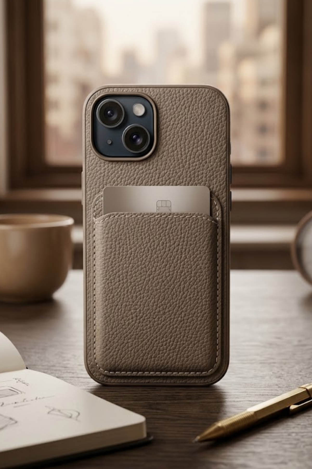 iPhone 15 Uyumlu Deri Cüzdanlı Kılıf- Gri