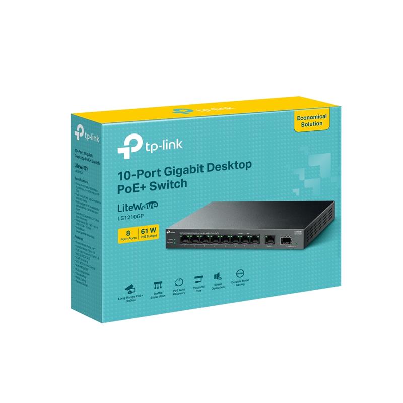 Tp-Link Ls1210Gp 8 Port Gigabit + 1Xrj45/1Xsfp Uplink 61W 250 Metre Poe Mesafe Metal Kasa