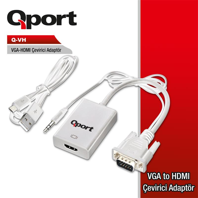 Qport Q-Vh Vga To Hdmi Dönüştürücü + Ses Kablosu (Vga+Hdmi)