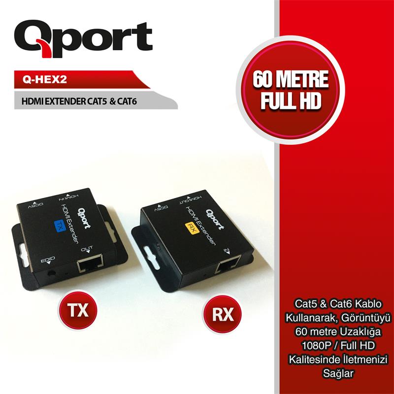 Qport Q-Hex2 Hdmi Extender Cat6 60M 2 Li̇ Paket (Adaptör Dahi̇l)