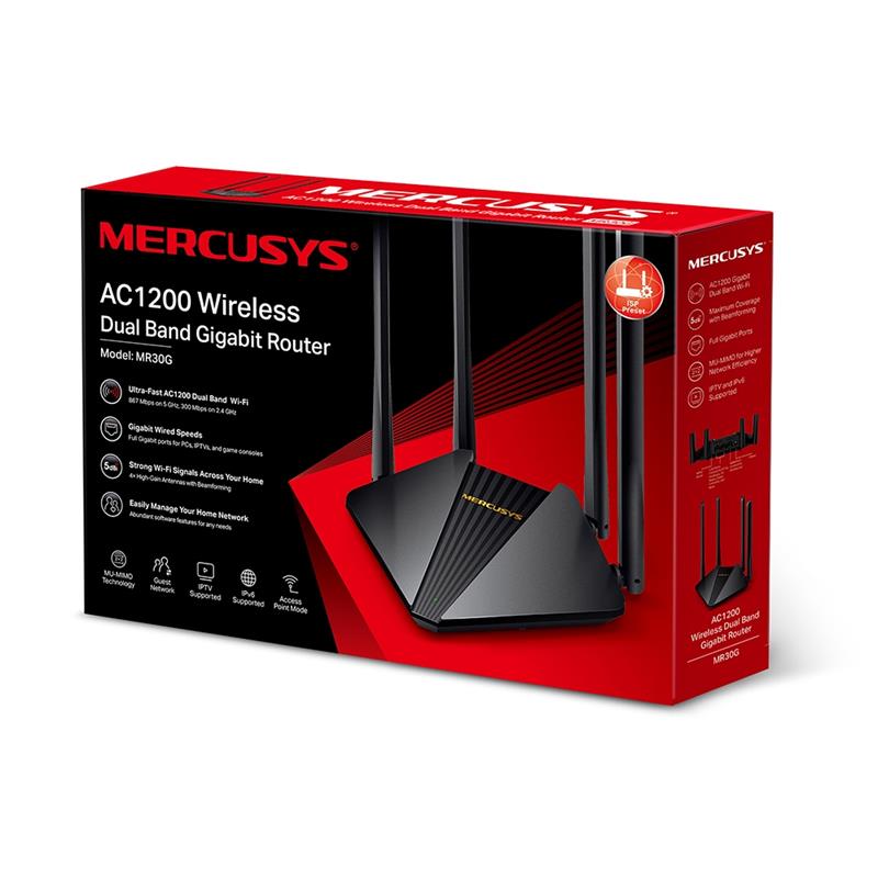 Tp-Link Mercusys Mr30G Ac1200 867/5Ghz 300/2.4Ghz Dual Band Kablosuz Gigabit Router